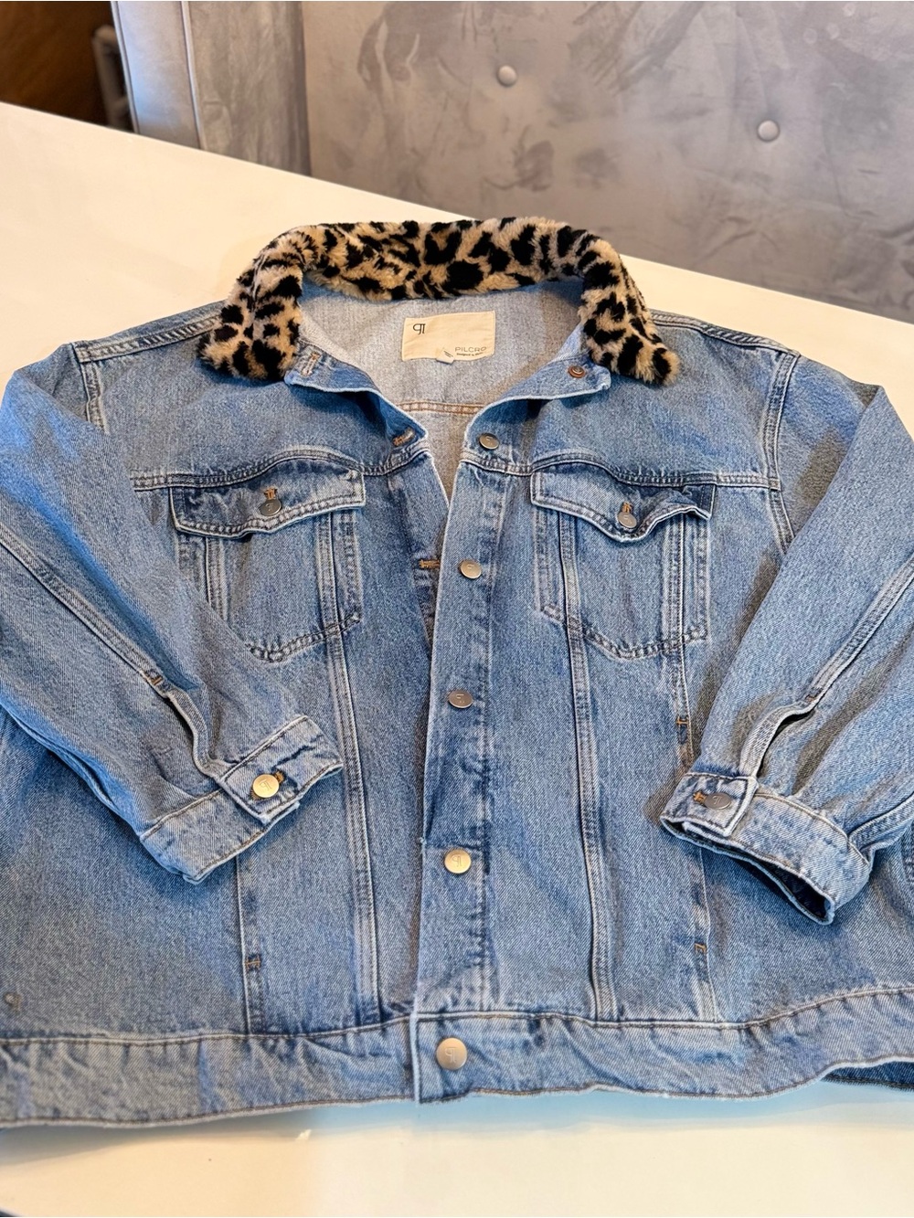 Pilcro Light Blue Denim Jacket with Leopard Faux-Fur Collar Accent
